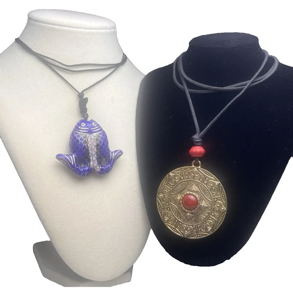 Cloisonne Twin Fish Pendant Medallion Red Stone Blue Gold Enamel Tribal Necklace